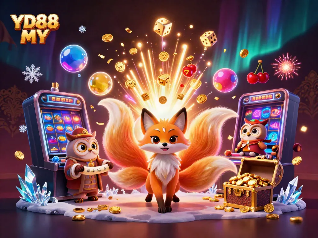 Experience the vibrant energy of YD88 MY with a magical nine-tailed fox and an owl amidst thrilling casino elements.
