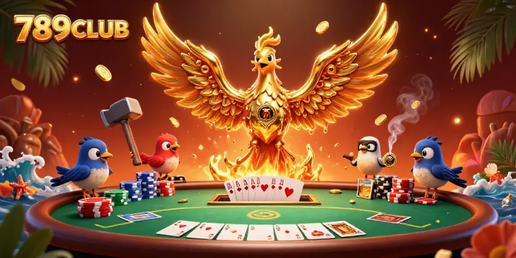 Experience a vibrant scene of 789CLUB with a golden phoenix, poker elements, and dynamic casino atmosphere.