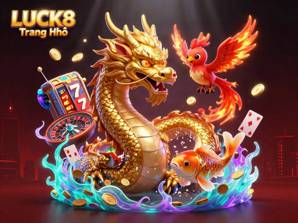 Join the adventure at LUCK8 Trang Chủ with a dynamic scene featuring a glowing dragon and lucky koi amidst spinning slots illustrating excitement.