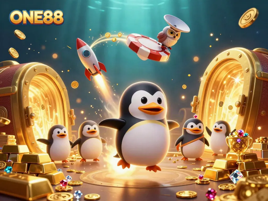 ONE88 offers an adventurous casino experience with a golden penguin and treasure in a vibrant scene.