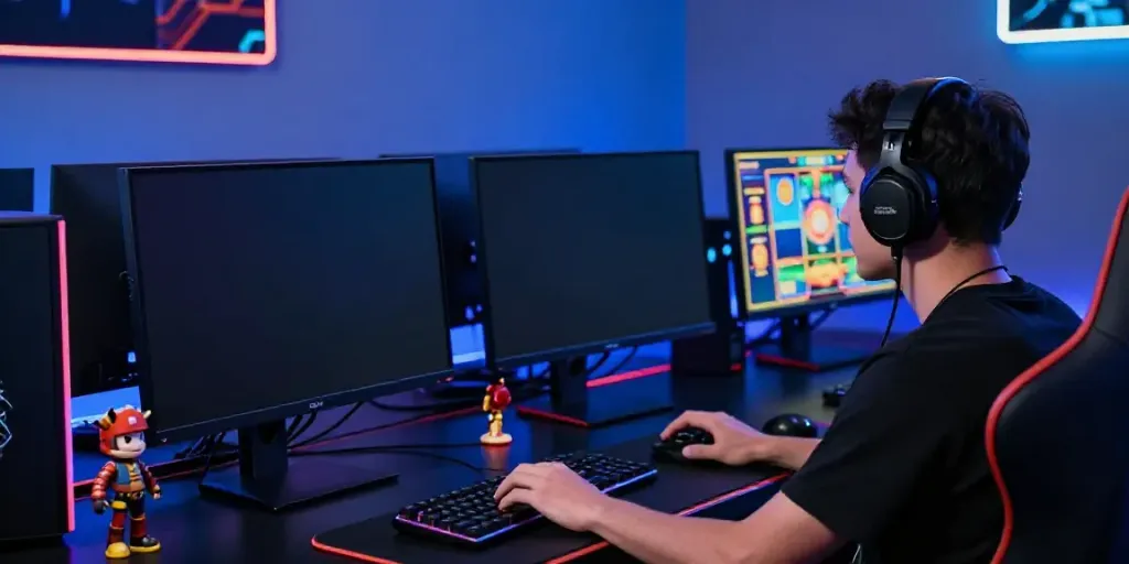 Gamer enjoying pesgslot in a vibrant slot game session with dynamic lighting.