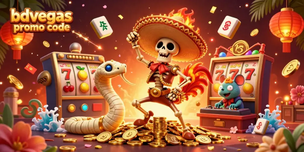Engage with the vibrant bdvegas promo code scene featuring lively characters and slot elements in 3D.