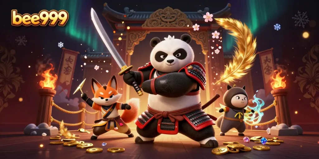 Engage in thrilling gameplay with bee999's vibrant samurai panda and ninja fox illustration.