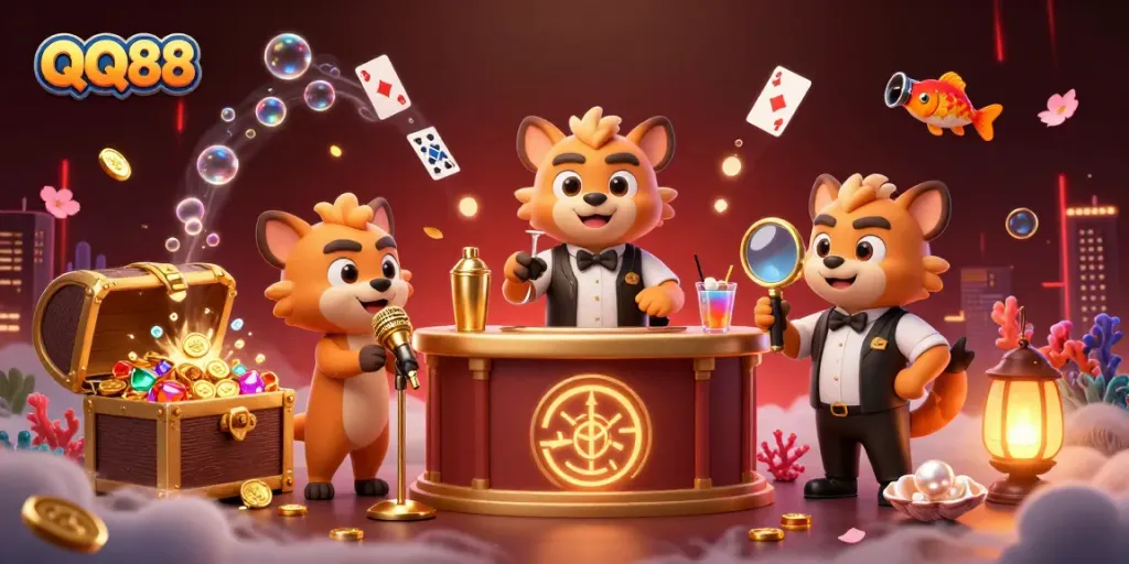 Experience the dynamic comedy casino scene at QQ88 featuring engaging hyenas performing various roles, enriched with casino-themed elements.