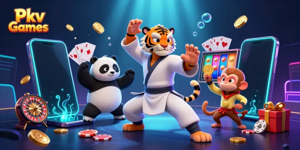 Engage with Pkv Games through an exciting 3D scene featuring a kung fu tiger master and gambling elements.