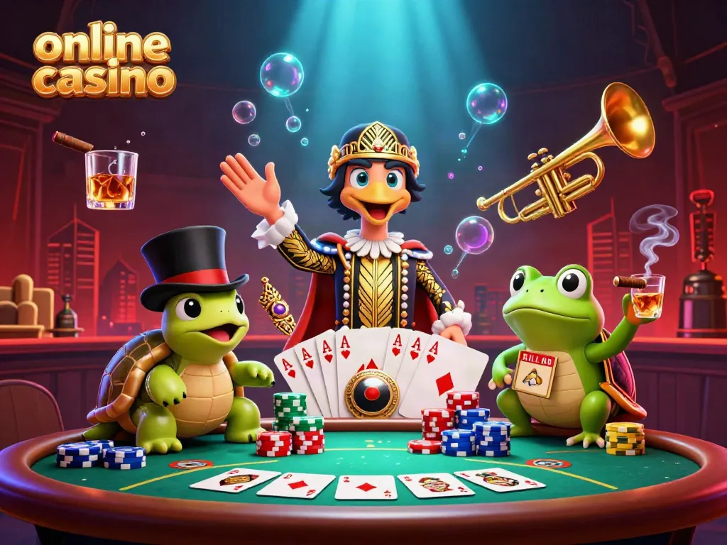 Engage in a vibrant online casino scene featuring a lively bar with whimsical characters.