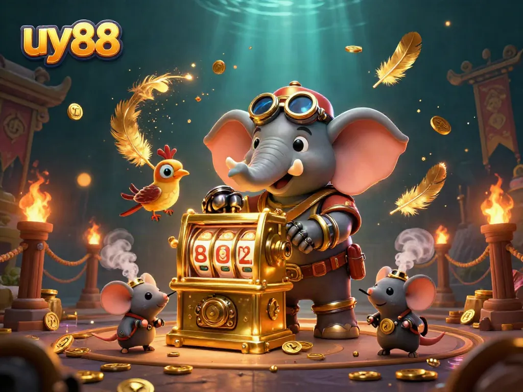 Play slots at uy88 with the steampunk elephant engineer, golden tokens, and vibrant energy.