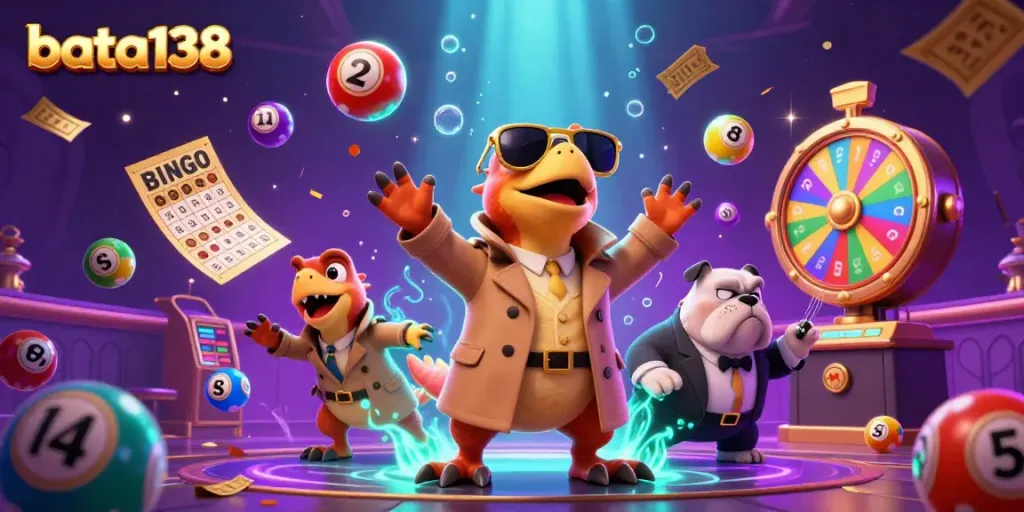 Experience the excitement of bata138 as three raptors cleverly disguised try to enter a vibrant casino, surrounded by dynamic gaming elements.