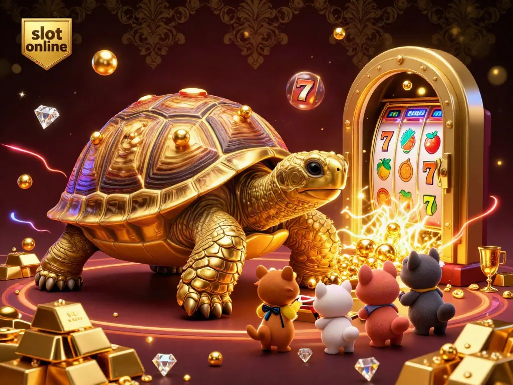 Play exciting slot online games with a giant tortoise pinball machine surrounded by treasures.