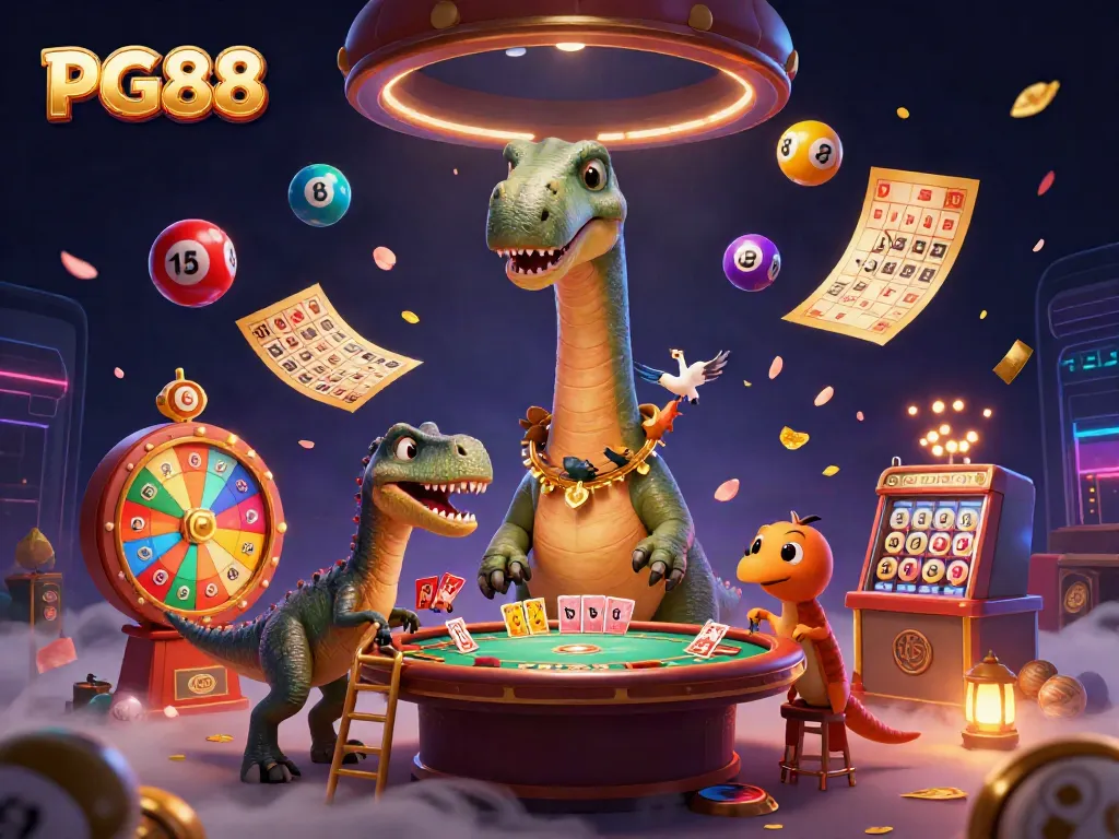 Experience the excitement of PG88 with an engaging 3D casino scene featuring vibrant gambling elements.