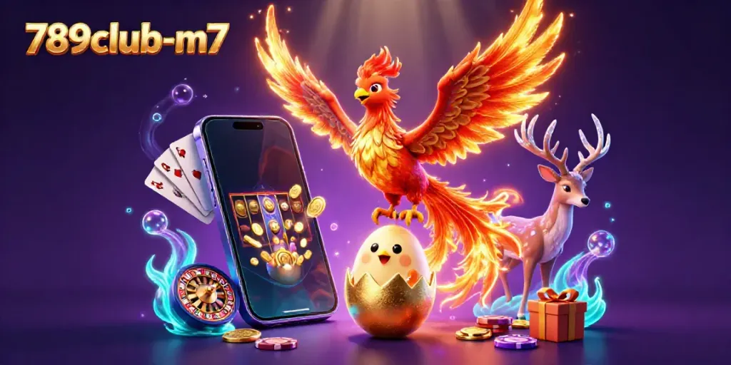 Experience the excitement of 789club-m7 with a vibrant casino scene featuring a fiery phoenix and engaging game elements.