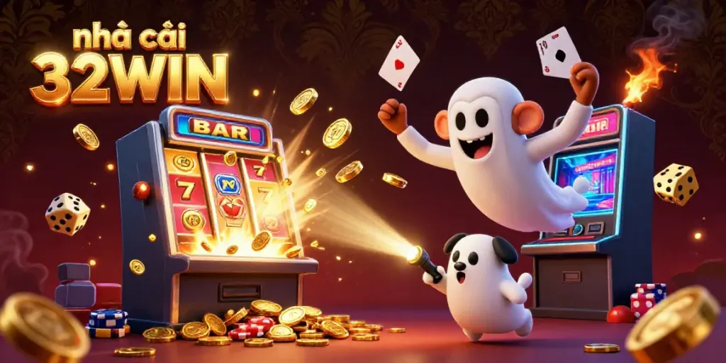 Engaging scene of nhà cái 32WIN's vibrant casino with playful elements and golden treasures.