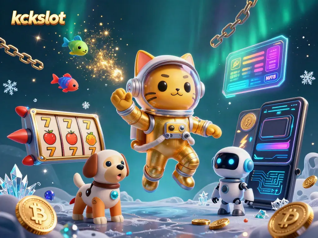 Gambarkan kckslot dalam ilustrasi digital 3D dengan karakter kucing astronot dan simbol permainan slot