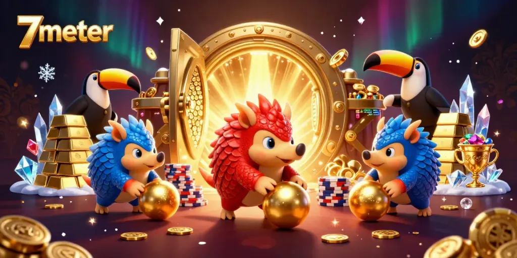 Experience the excitement of 7meter with pangolins rolling into golden coins amidst poker chips.