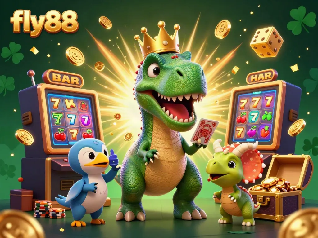 Experience thrilling fly88 gameplay with a T-Rex, pterodactyl, and triceratops in a vibrant casino setting.