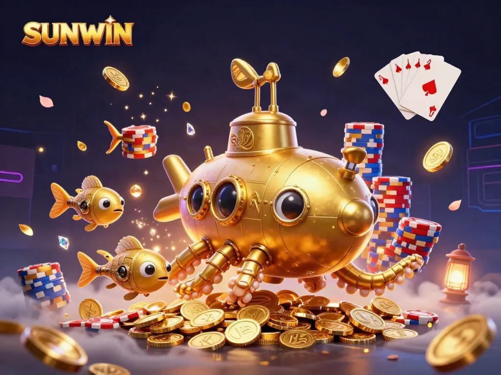 SUNWIN features a golden kraken submarine with mechanical fish, surrounded by dazzling casino elements.