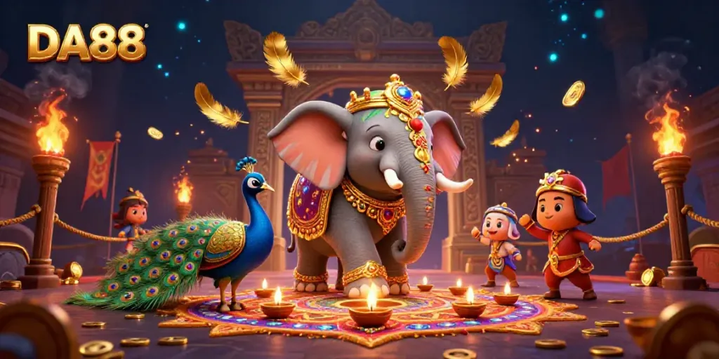 Experience vibrant DA88 gameplay with a festive 3D scene featuring a majestic elephant and colorful decorations.