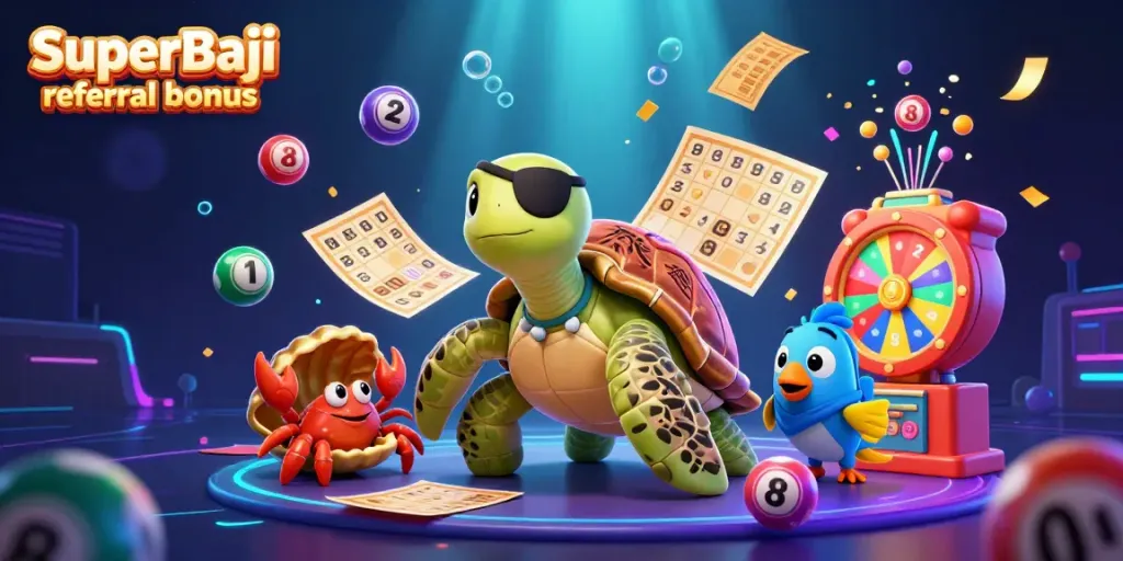 Claim your SuperBaji referral bonus with exciting characters and games in a vibrant casino scene.