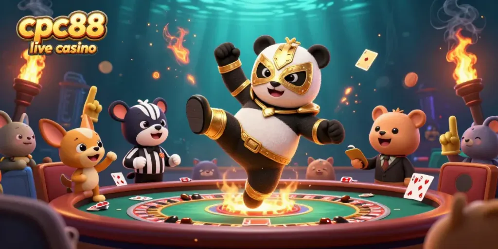 Experience the excitement at cpc88 live casino with a panda wrestler and animated crowd in a vibrant live dealer atmosphere.