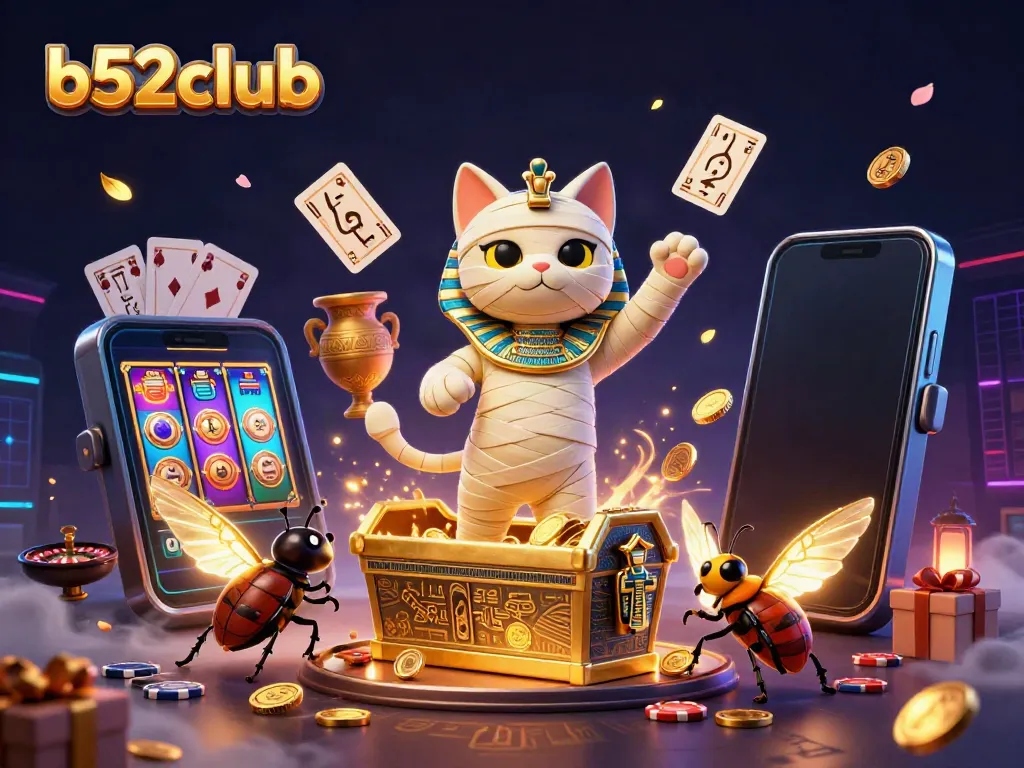 Experience exciting spins at b52club, featuring a mummy cat and vibrant casino elements.