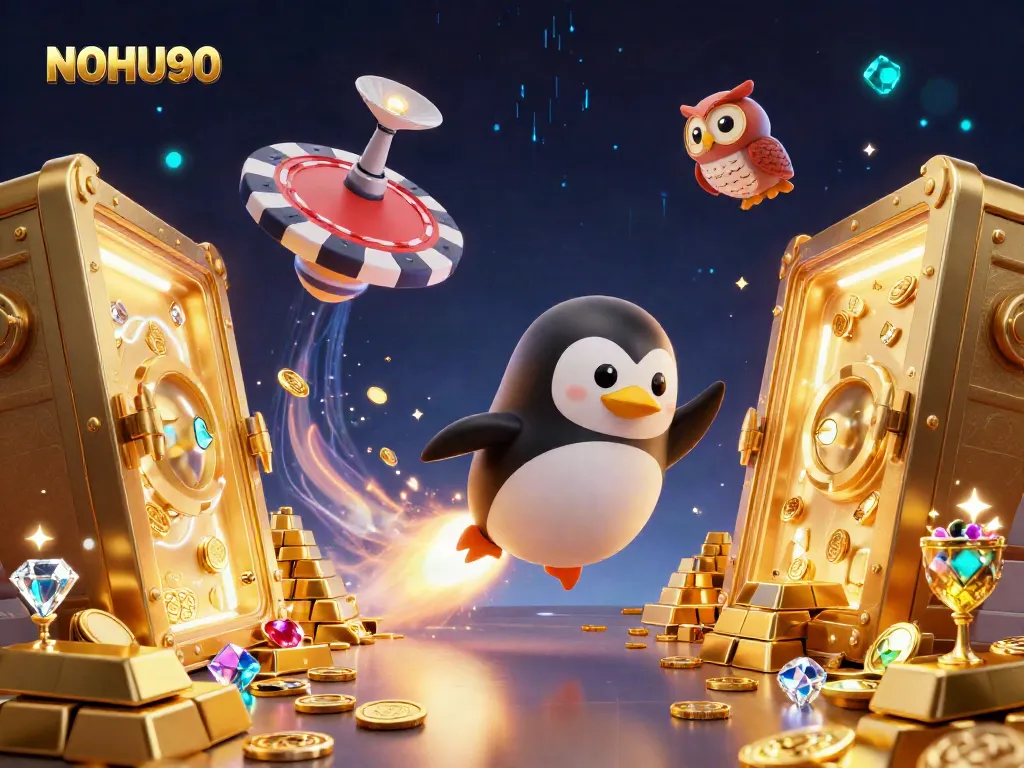 Engage with NOHU90's thrilling casino adventure, featuring a golden penguin soaring through space toward a dazzling poker chip station.
