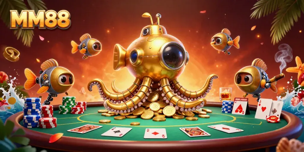 Experience thrilling MM88 gaming with a mechanical kraken submarine splashing through gold coins at a vibrant poker table.