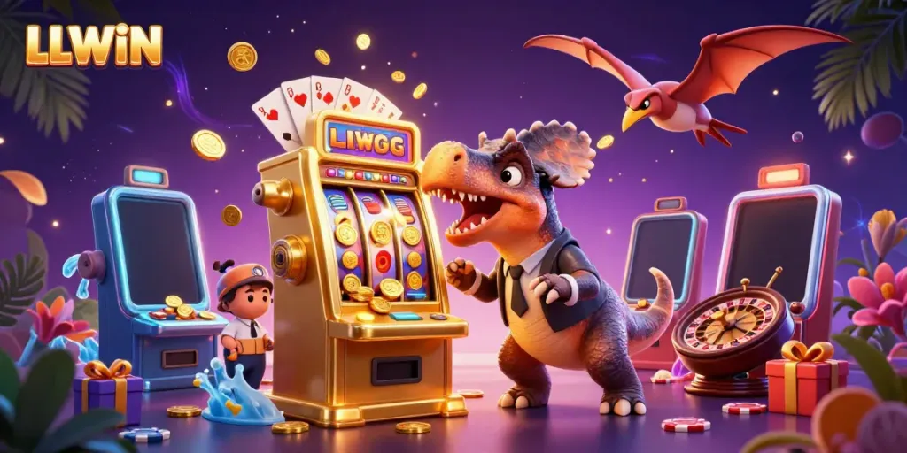 Experience casino fun with LLWIN featuring a dinosaur and slot machine amidst joyful chaos.