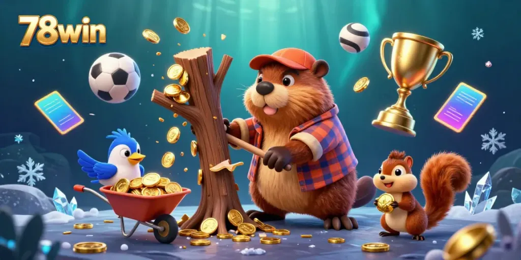 Experience the excitement of 78win with a colorful scene of a cartoon beaver showering golden coins, symbolizing the thrill of gambling.
