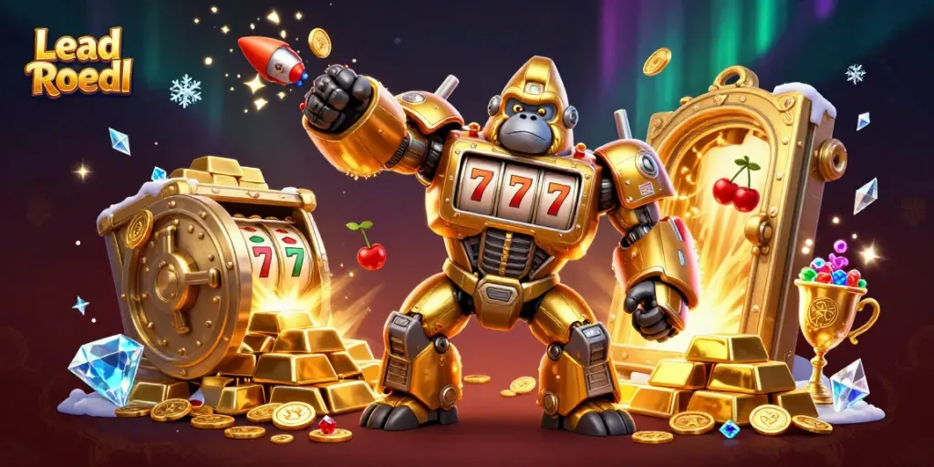 Engage with the thrilling Lead Roedl 3D illustration showcasing a golden mech gorilla amidst slot machine elements.