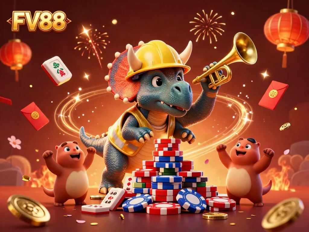 Celebrate the thrill of FV88 with a playful 3D scene showcasing a triceratops building poker chip towers in an exciting casino atmosphere.