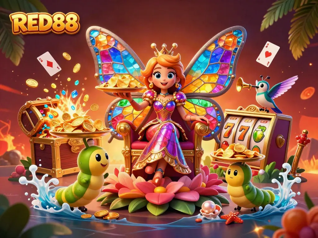 Experience the thrilling world of RED88 with a vibrant 3D illustration of a butterfly queen amidst casino elements.