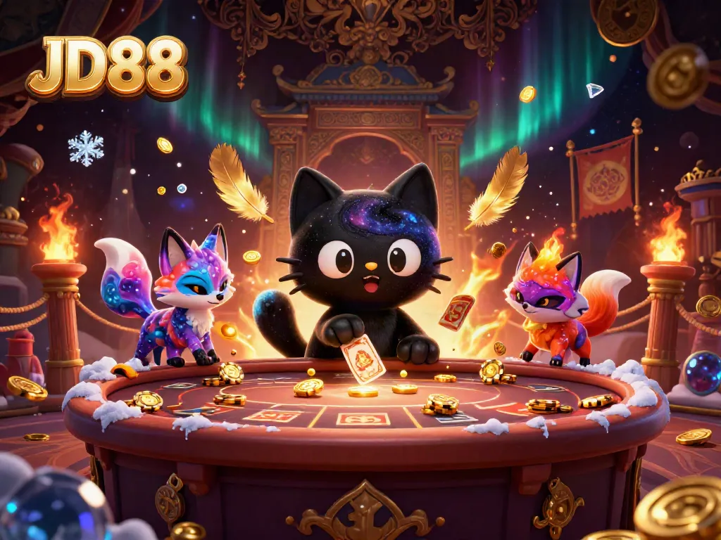 Experience the thrill of JD88 with vibrant characters at a cosmic casino table.