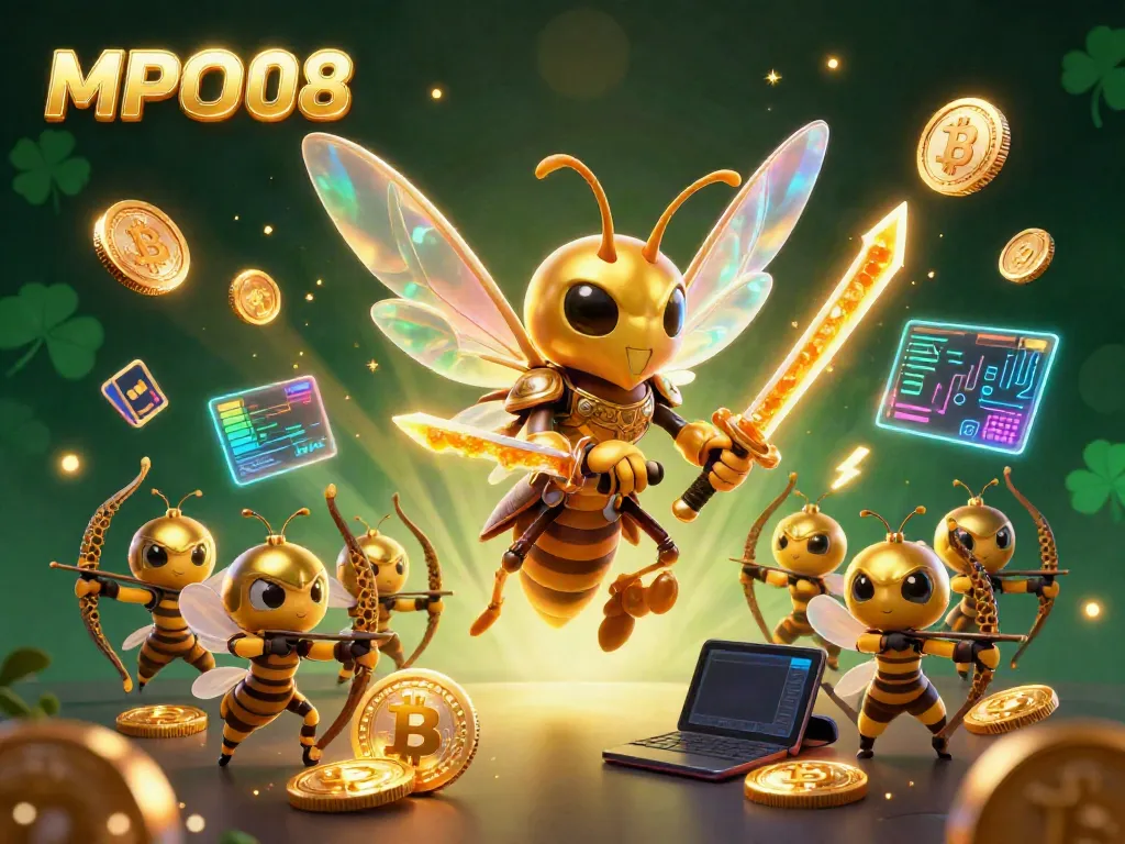 MPO08 showcases a vibrant scene with a samurai hornet and bee archers amidst floating cryptocurrency elements.