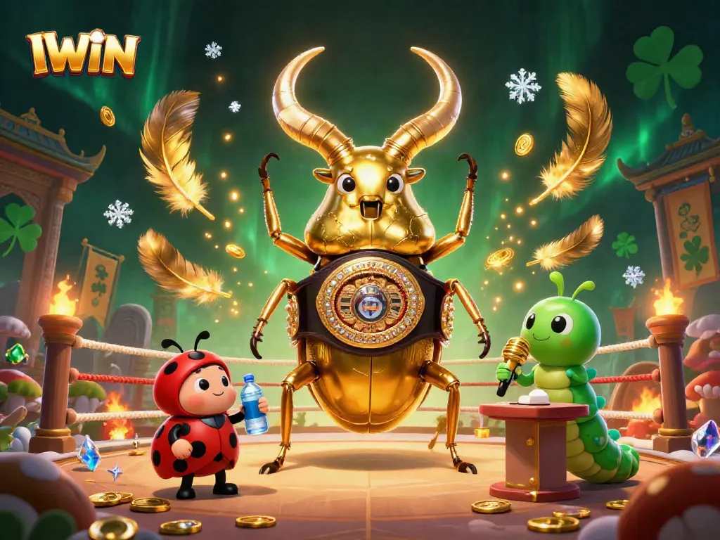 IWIN showcases a colorful 3D casino scene featuring a giant golden beetle and ladybug corner-man amidst vibrant gaming elements.