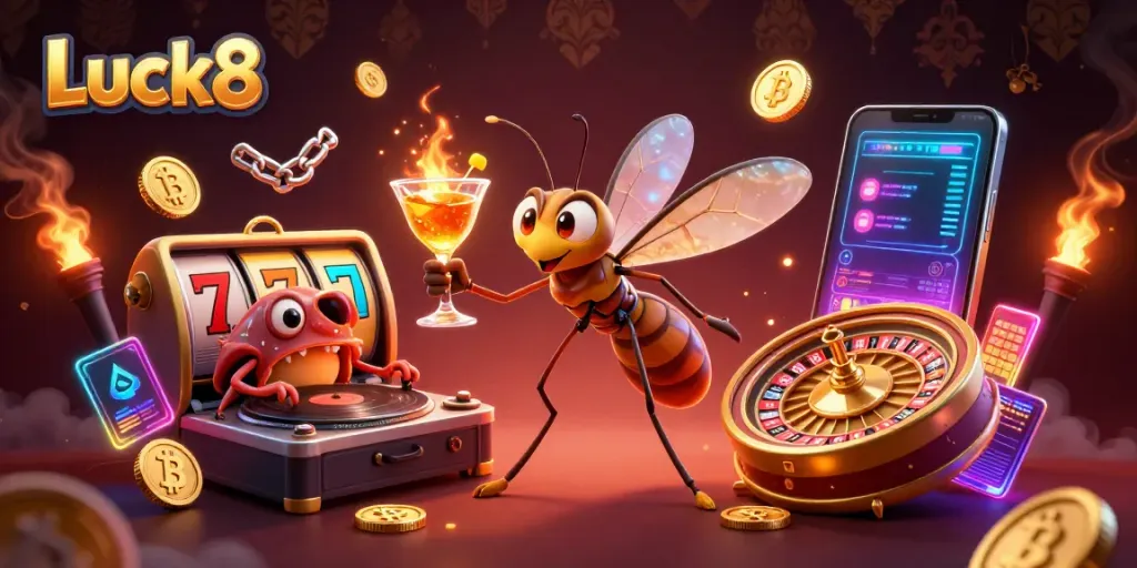 Luck8 showcases a vibrant online gaming scene with unique characters and casino elements.
