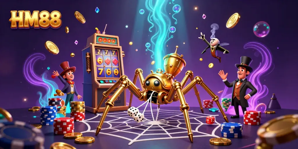 Spin the reels at HM88, with steampunk-themed characters capturing dice in a web of fortune.