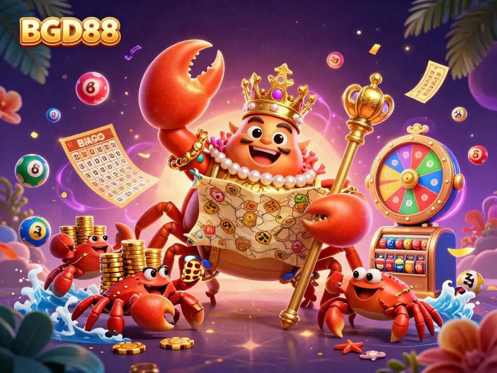 Experience exciting gameplay at BGD88 with vibrant casino elements and a golden crab emperor.
