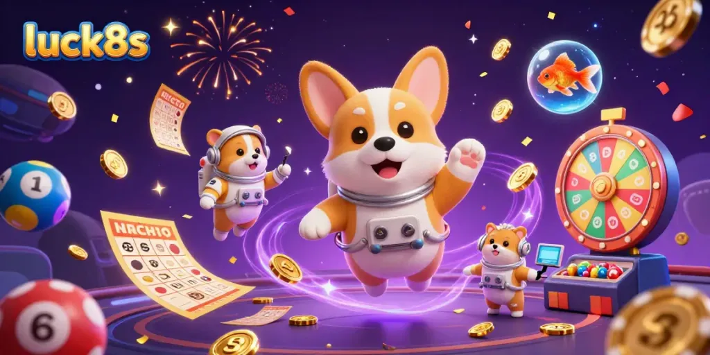 Experience the excitement of luck8s with a gravity-defying casino adventure featuring floating characters and vibrant game elements.