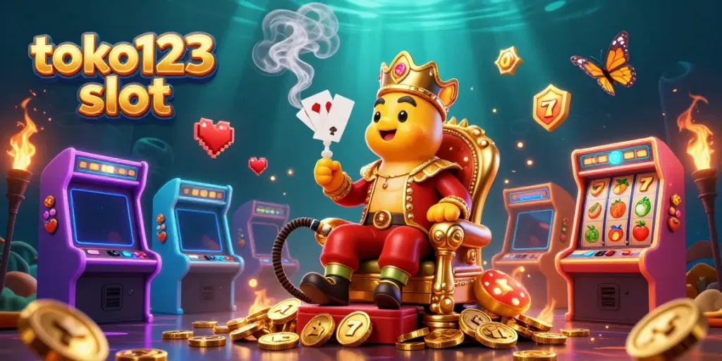 Toko123 slot features a giant caterpillar hookah-master amidst colorful casino elements.