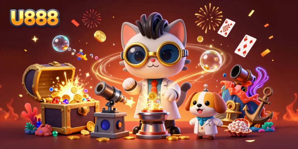 Experience winning excitement at U888 with a vibrant casino scene featuring playful characters and sparkling treasures.