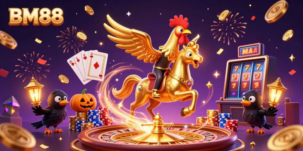 Experience thrilling gameplay at BM88 with a golden rooster and sparkling casino elements.
