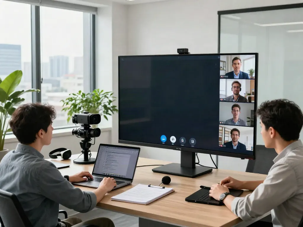 Deepfake protected Conferencing in a modern office meeting with diverse participants and digital avatars.