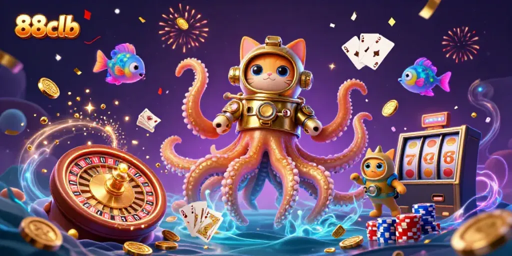Play and win at 88clb with a dynamic casino scene featuring a kraken and treasure.