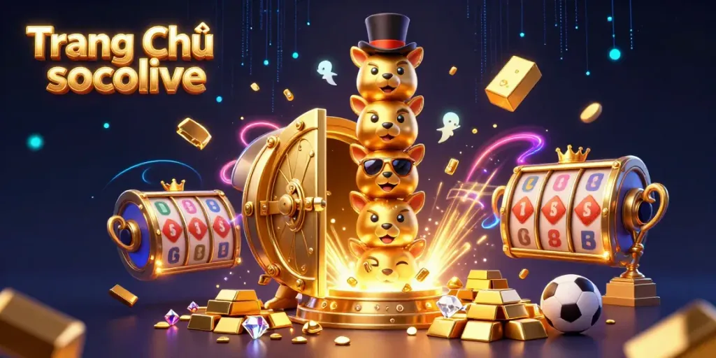 Engage with Trang Chủ socolive for a vibrant 3D illustration showing a dynamic casino scene filled with gold elements and a dedicated totem character.