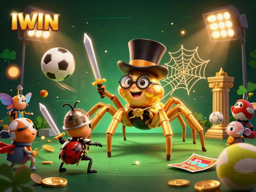 Engage in the world of IWIN with a giant tarantula orchestrating a vibrant casino scene filled with gold and excitement.