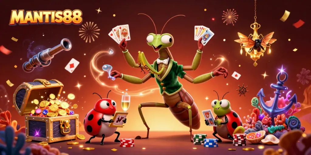 Experience MANTIS88's thrilling online casino with a vibrant 3D scene sparking excitement and rewards.