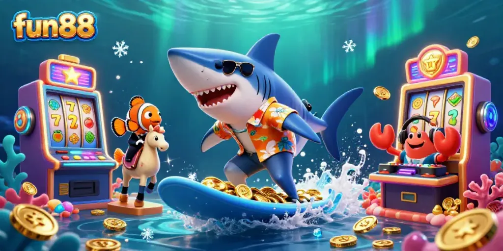 Engage with fun88's vibrant casino world featuring a shark, clownfish, and DJ crab.