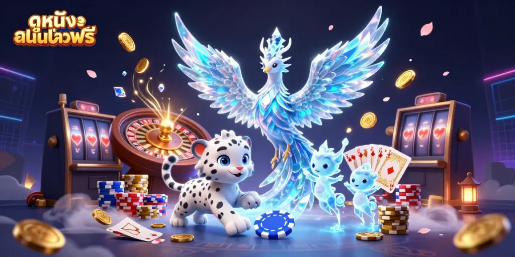 Engaging illustration showcasing ดูหนังออนไลน์ฟรี with a dynamic scene of a phoenix and playful characters amid casino elements.