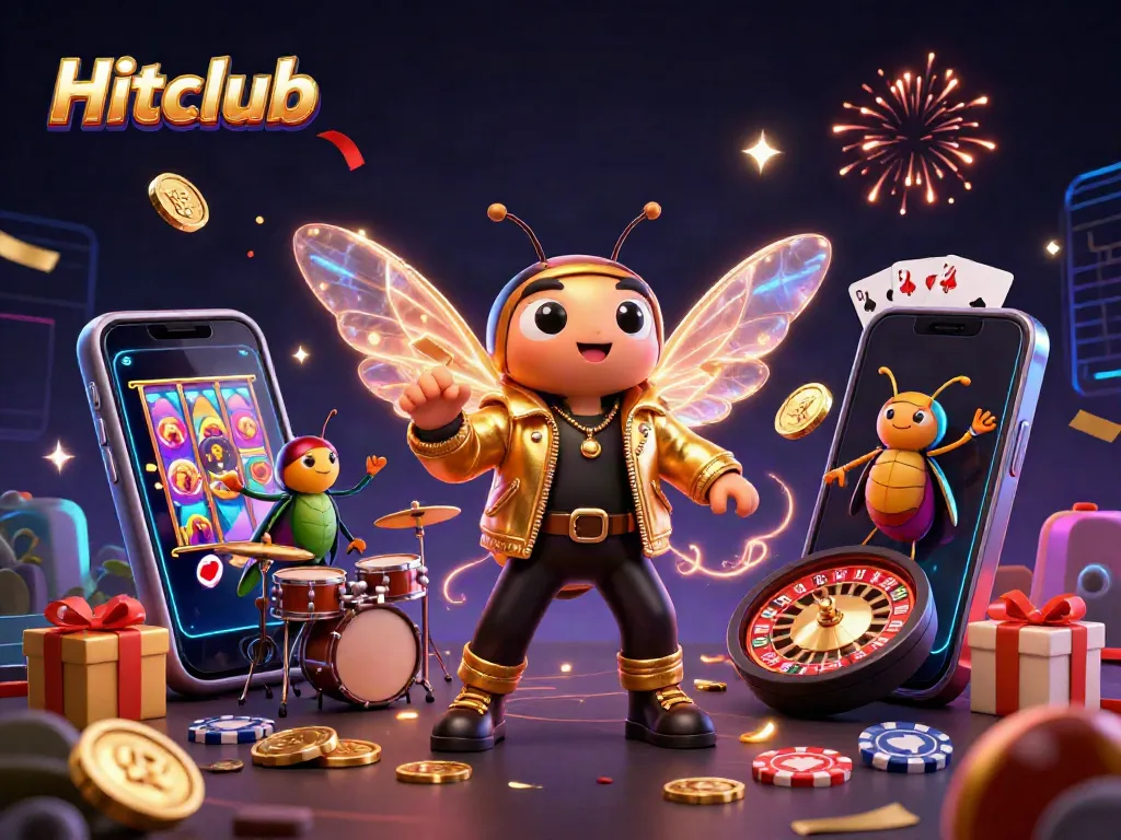 Hitclub features a vibrant scene with a cicada rock star, showcasing exciting slot games and energetic characters.