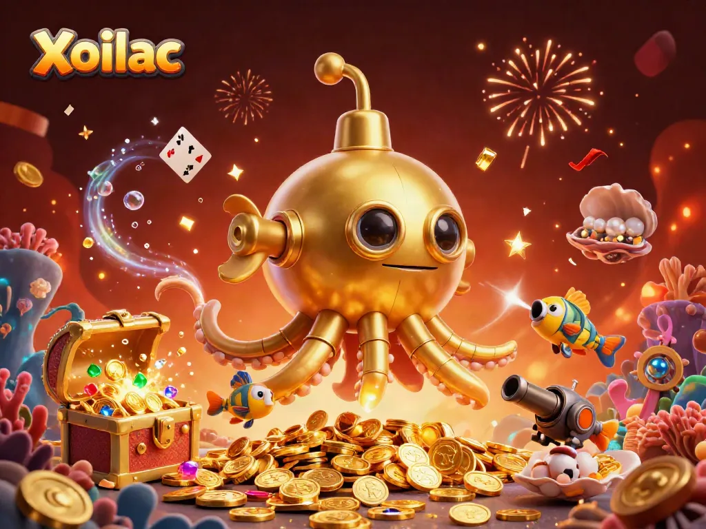 Xoilac showcases exhilarating underwater adventure with golden kraken submarine surfacing amidst treasure.